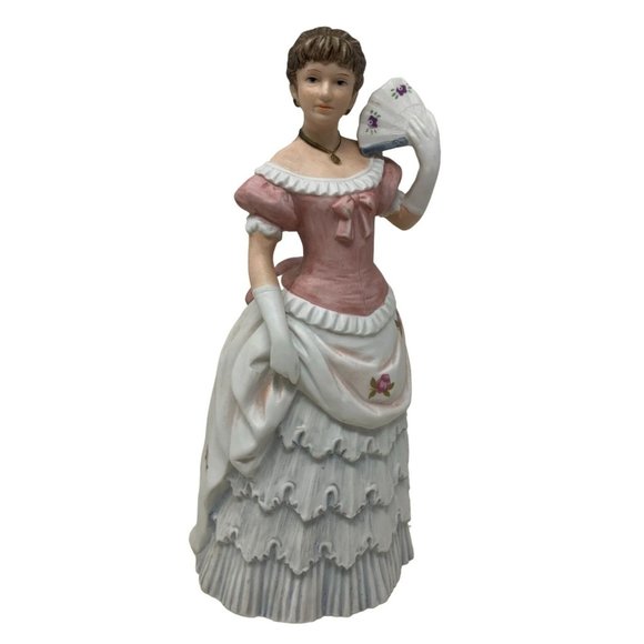 Victorian Woman with Fan "Shall We Dance?" Brown Hair with Pink and White Dress - Picture 1 of 7